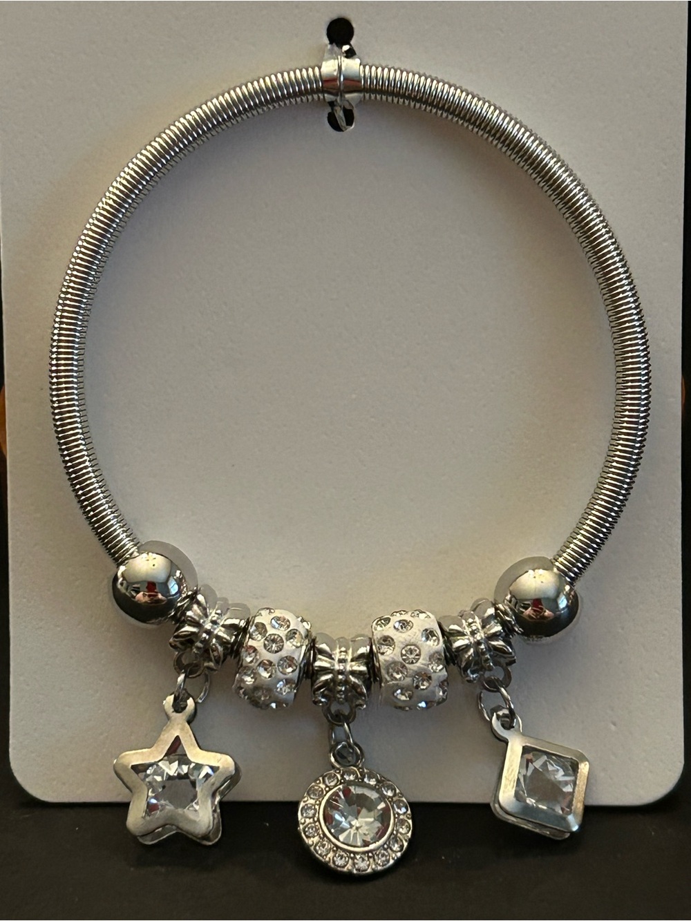 Silver Stretch Crystal Charm Bracelet with Star, Round & Square Drops